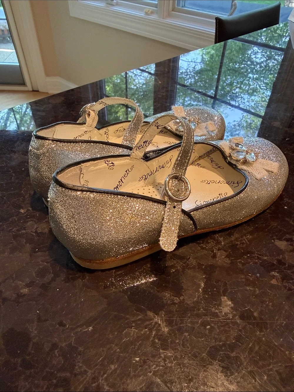 Simonetta Girls' Sparkling Silver Mary Janes with Bow Jewel